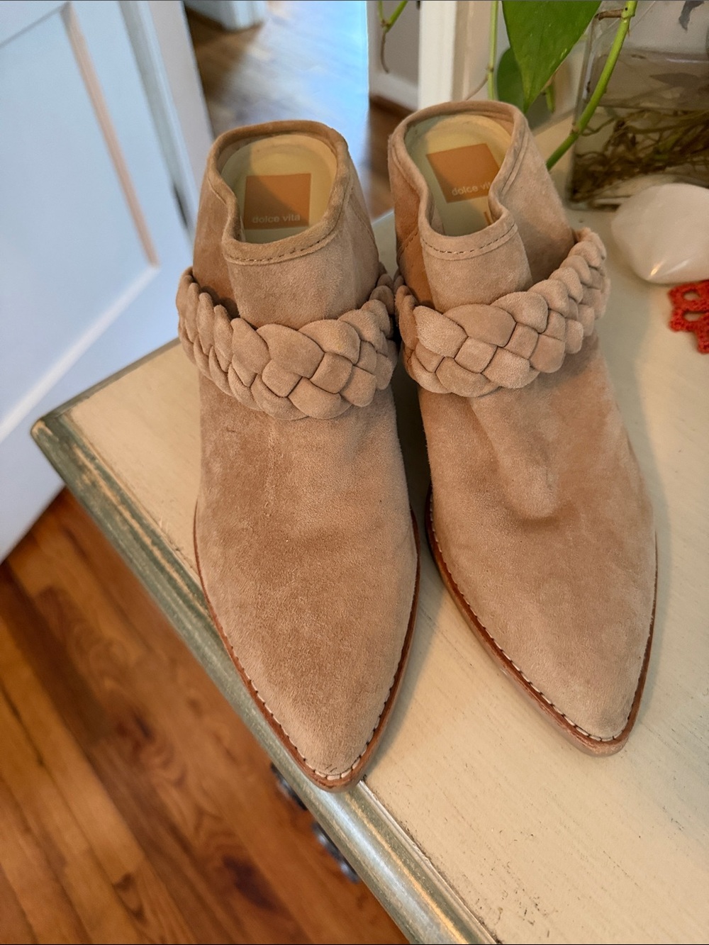 Dolce Vita Braided Suede Pointed Ankle Booties - Beige Tan